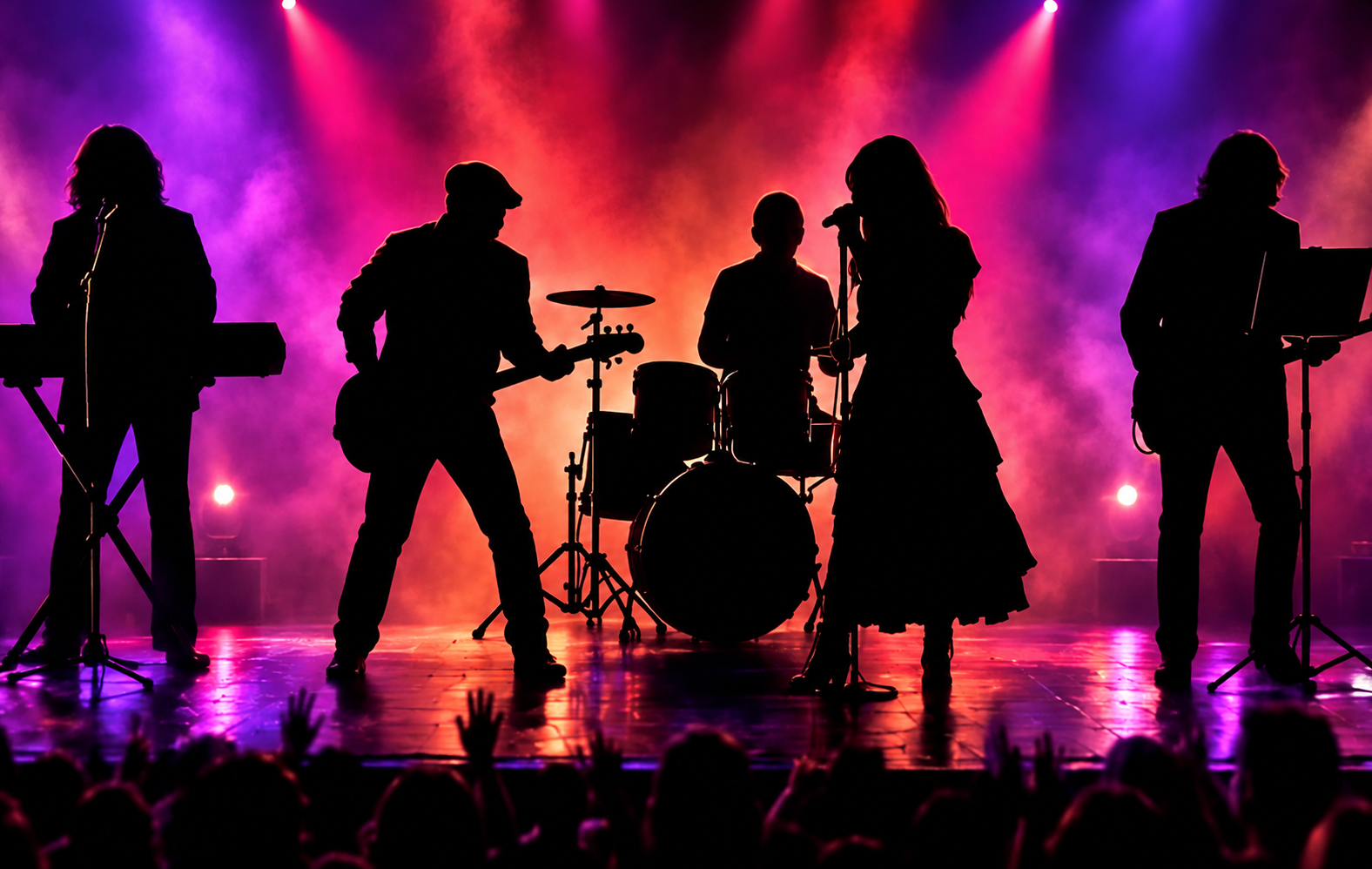 A five-piece band in silhouette under coloured stage lights